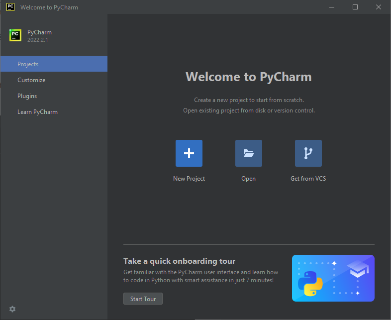 First time opening PyCharm. Choose 'New project'.