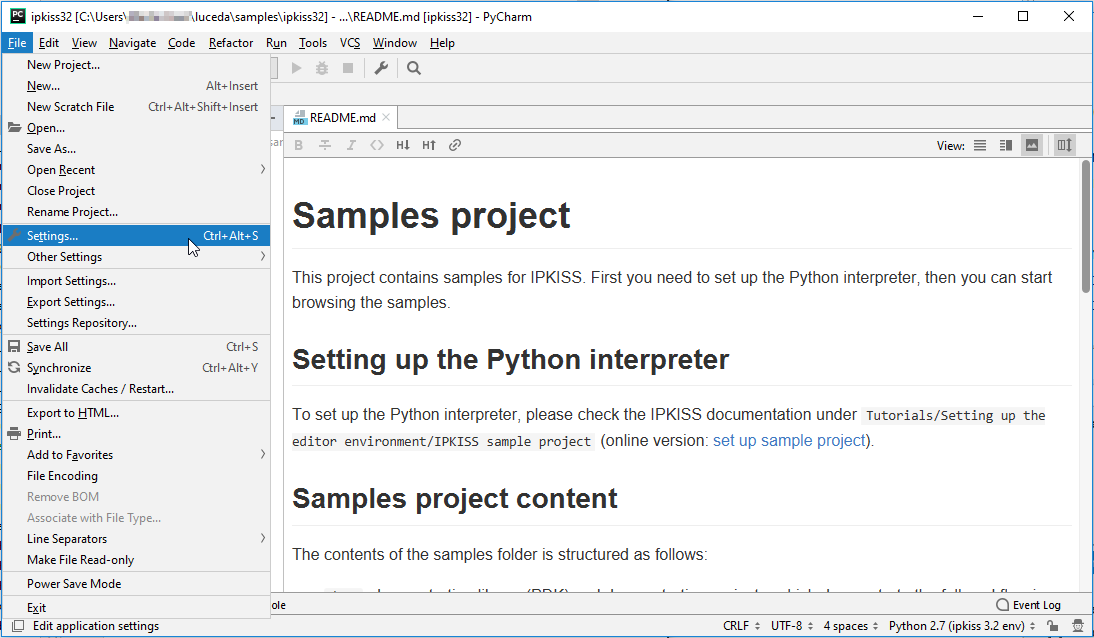 Setting up the Python interpreter: File -> Settings